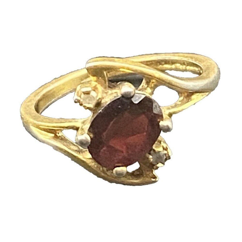 Garnet Ring Tested Diamond Accent Vintage Yellow Gold Plated Size 7 LOOK READ